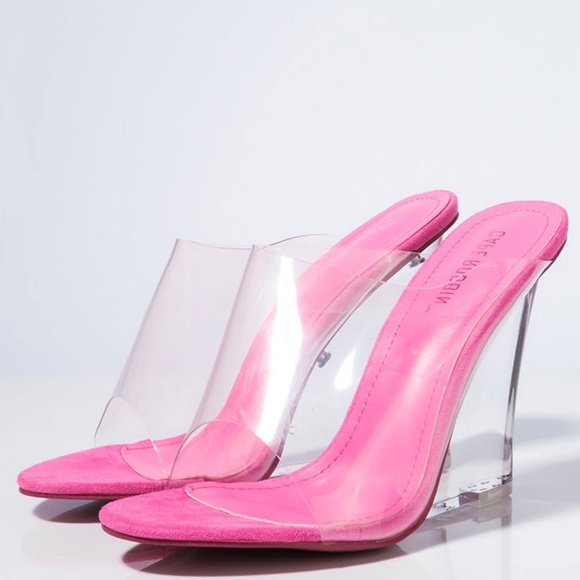 NEW๐ฅ Neon Pink Clear Lucite Wedge Heel Sandals - Picture 4 of 7